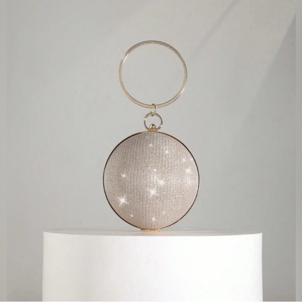 NWT Shimmering Gold and Silver Crystal Embellished Round Hand/Shoulder Clutch